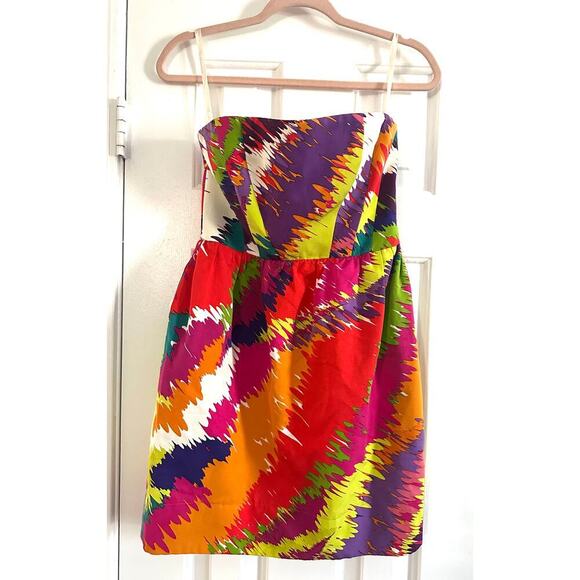 SHOSHANNA Silk-Blend Multicolor Abstract Splash Print Strapless Tulip Dress - XS - Picture 2 of 5